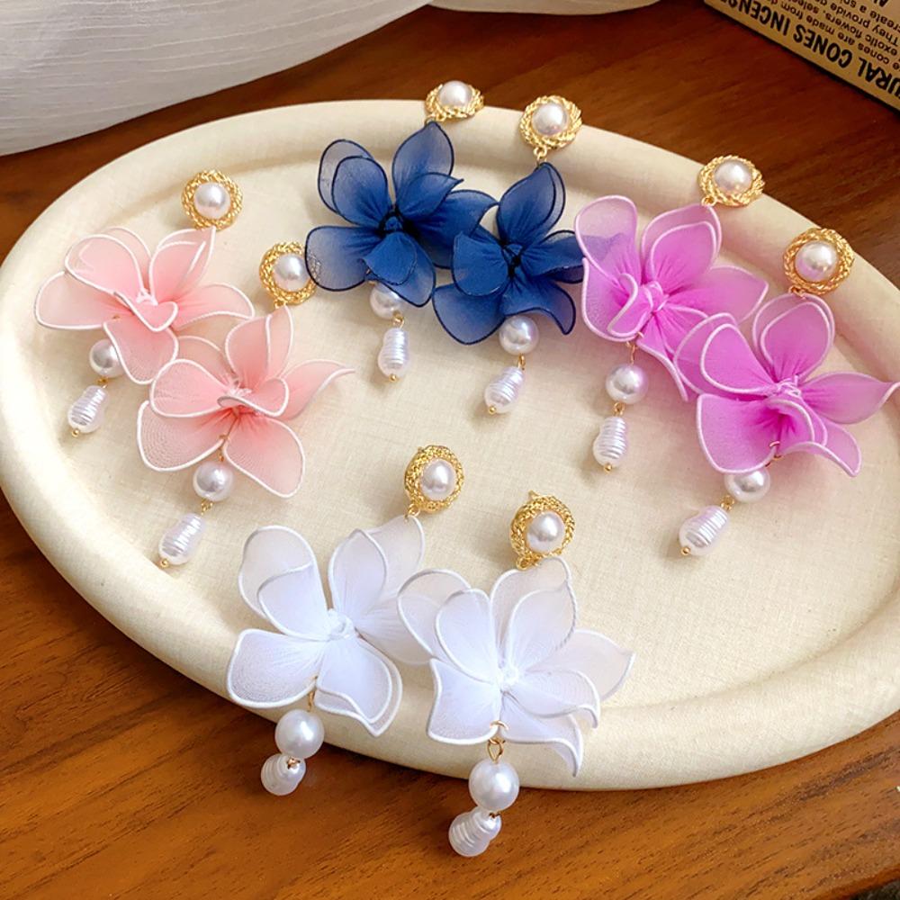 Sweet Beach Earrings Exaggerated Petals Stud Earrings Romantic Mesh Flower Dangle Earrings  Party