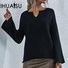 V-neck Women's Large Size Loose Knit Sweater Flared Sleeve Autumn and Winter Solid Colour Pullover Jumper