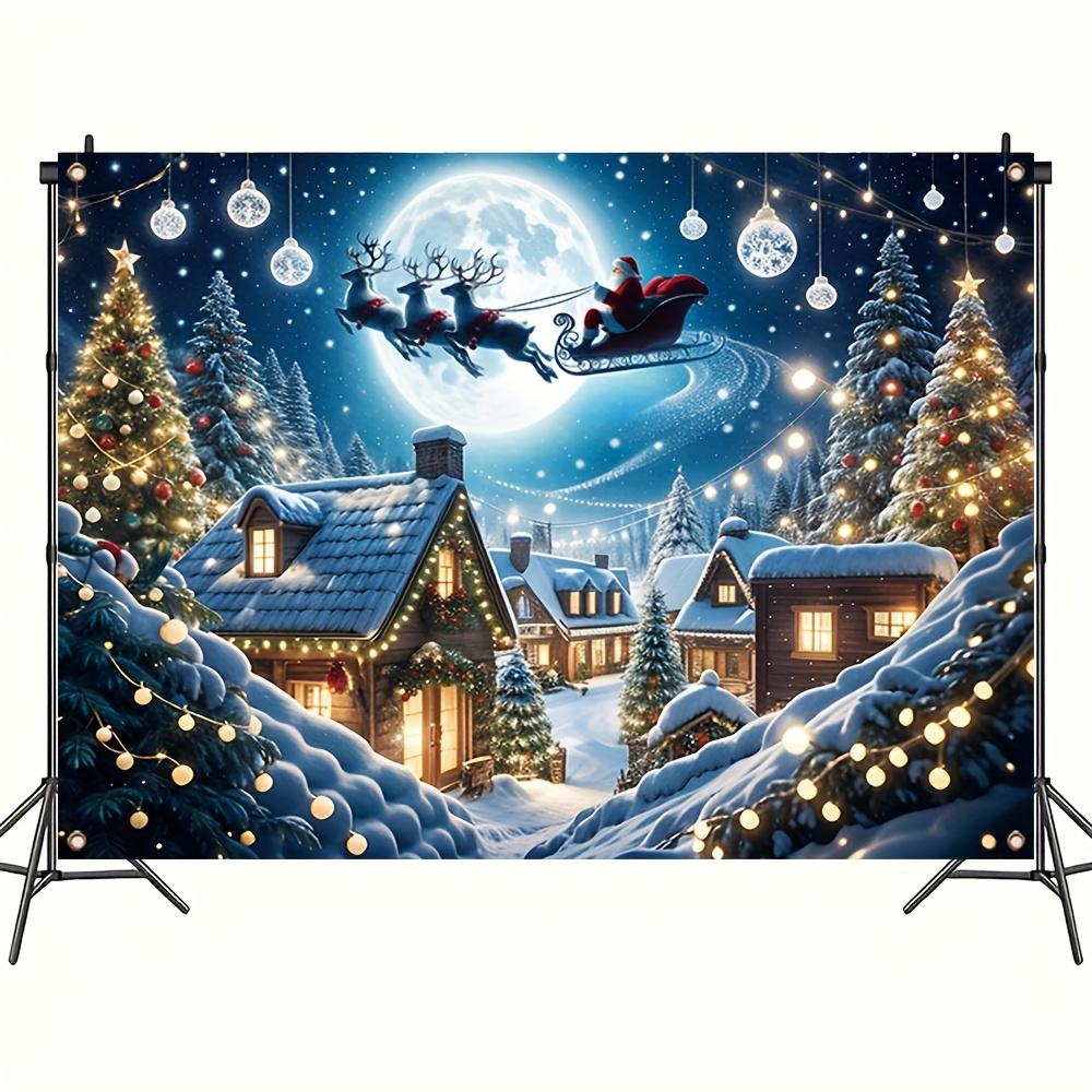 1pc Christmas Village polyester background banner, holiday wall decoration with Santa Claus, Christmas tree, and snow scene
