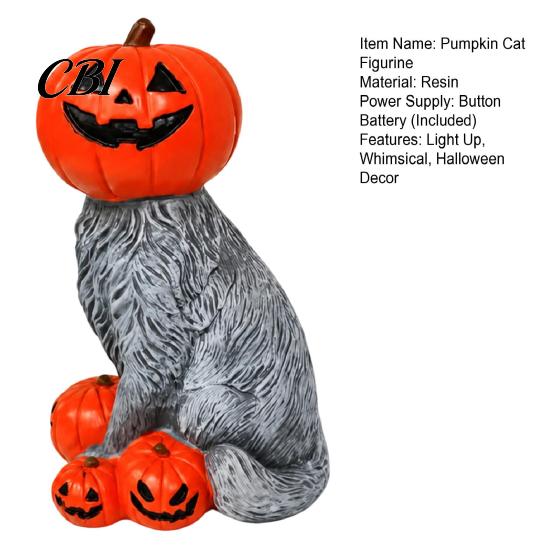 Halloween Party Table Centerpiece Lighted Pumpkin Cat Figurine, Spooky Tabletop Resin Sculpture, Autumn Seasonal Room Accent Fall Ornament for Indoor