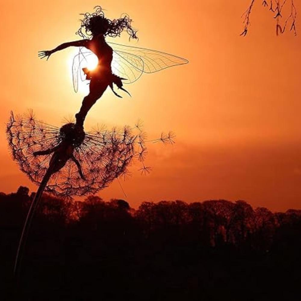 Цветочная фея танцует с одуванчиком, садовая скульптура из нержавеющей стали, украшение для двора, лужайки, патио, металлические украшения