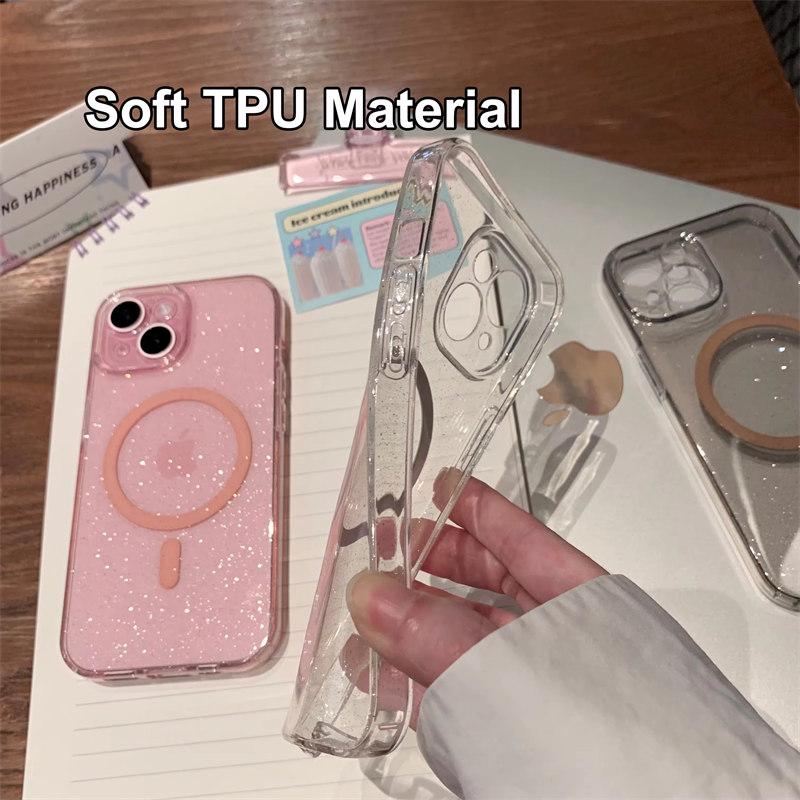 Роскошный прозрачный блестящий мягкий чехол для iPhone 16 15 Plus 14 13 Pro Max для беспроводной зарядки Magsafe, магнитный силиконовый чехол