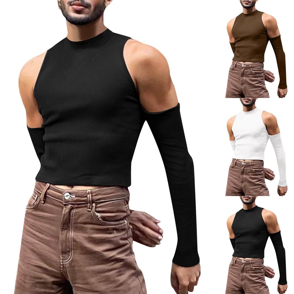Fashion Men T Shirt Turtleneck Long Sleeve Off Shoulder Streetwear Solid Camisetas Hollow Out Casual Sexy Crop Tops