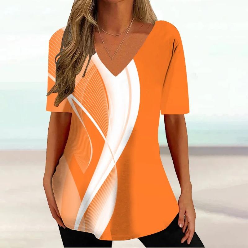 Plus Size Simple Women's T-shirt 3d Wave Curve Tee Fashion V-neck Summer Short Sleeve Loose Streetwear Female Clothes Casual Tshirt Ladies