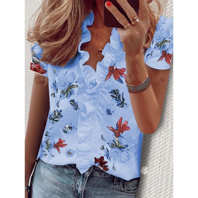 YYFS Women's Fashion Casual Summer Spring Solid Color Print Short Sleeve V-Neck Blouses & Shirts