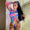 Women Summer Mesh Tie-dye Long-sleeved Slim Fit Bodysuit