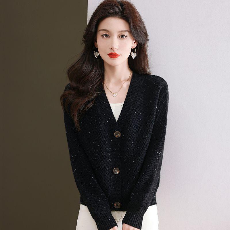 Women's V Neck Knit Cardigan Autumn Winter New Fashion Loose Minimalist Versatile Short Sweater Coat