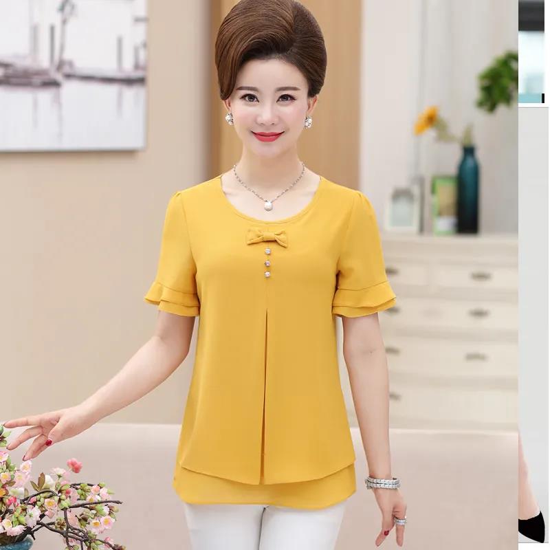 Летняя рубашка среднего возраста, женский топ, большая летняя женская свободная футболка среднего возраста, шифоновая рубашка с короткими рукавами