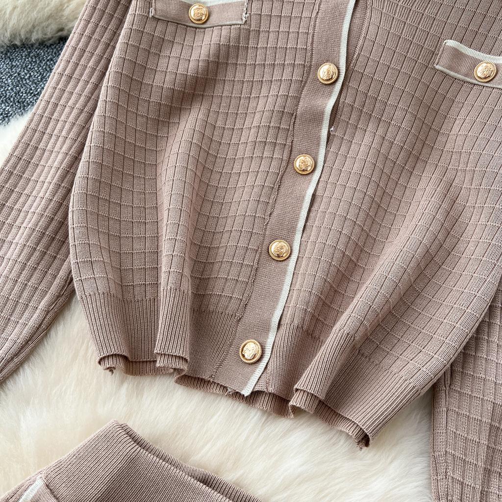 Simple Luxury Premium Solid Color Set Autumn/Winter Knitted Set Women's Polo Loose Shirt Coat+High Waist Skirt Two Piece Sets