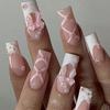 24pcs Long Ballet Fake Nails Summer Pink White Bow Design French White Edge Flash Diamond High Saturation Full Coverage Fake Nai