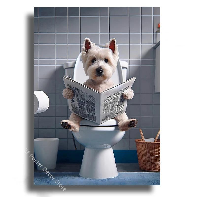 Funny Bathroom Humor Poster Animal Sitting On The Toilet Reading A Newspape Artwork Painting Room Office Cafe Home Wall Decors
