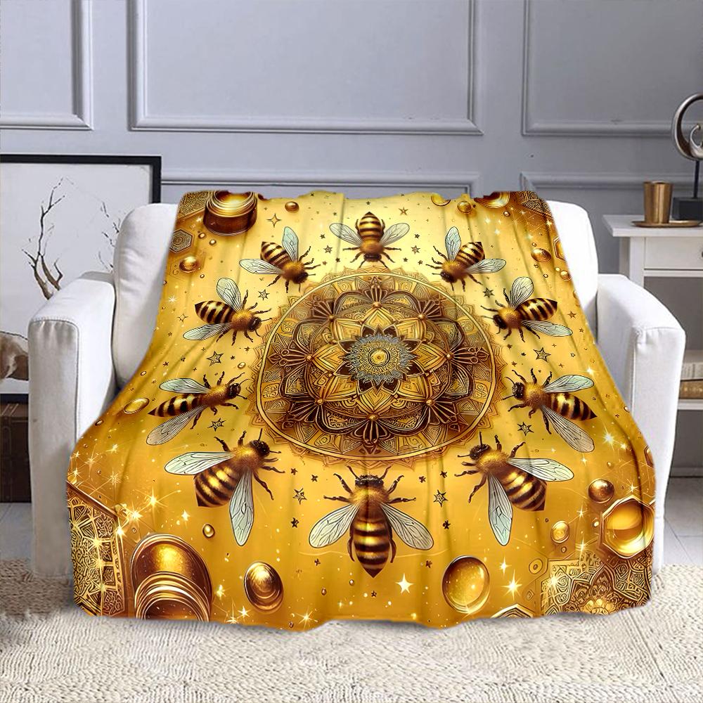 Golden Bees and Mandala Pattern Design Patterned flannel blanket perfect for the bedroom living room, sofa, or a little nap