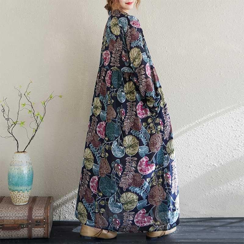 Настоящее весенне-летнее новое ретро-платье из хлопка и льна с принтом, свободное повседневное платье с воротником-грибком и длинными рукавами, с большими складками