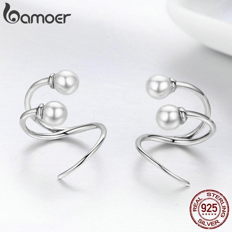 BAMOER 100% 925 Sterling Silver Earrings Elegant Imitation Pearl Stud Earrings