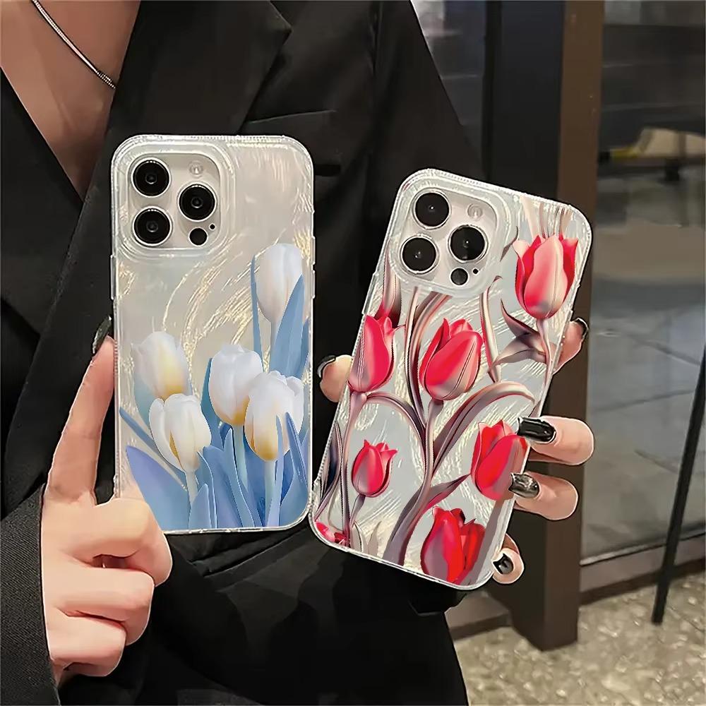 Красочный Лазерный Чехол с Узором Тюльпанов Для Iphone 16 15 14 13 12 11 Pro Max 16E X XS XR Чехол