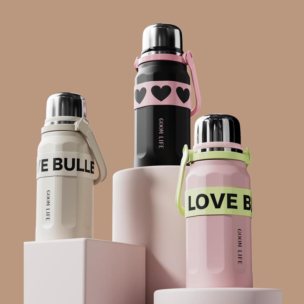 GOOM Water Thermal Large Cup Tea Strain Strap Heat Cold Stainless Steel Vacuum Leak Easy to Outdoor Bullet Cup Bottle, Bottle, 900ml, Capacity,