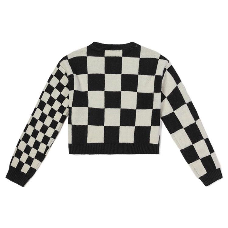 Vans Checkerboard Logo Embroidered Short Button Long Sleeve Sweater Women Sweater Black White VN00042MBLK