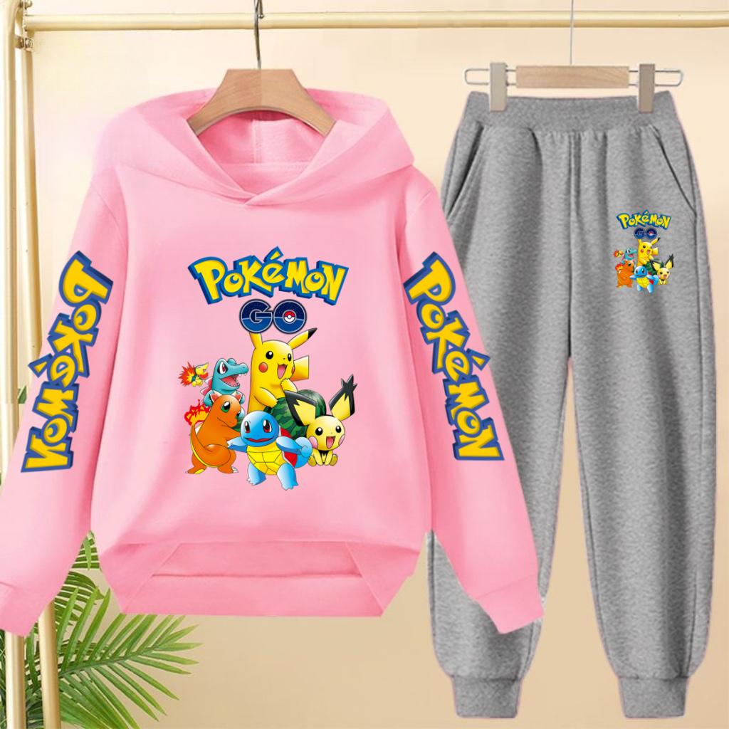 Pikachu Two-piece Clothing Children Girls Sweatshirt+Pants Casual Tracksuits Boys Pokemon Hoodie Kawaii Pullover Sports Coat Set