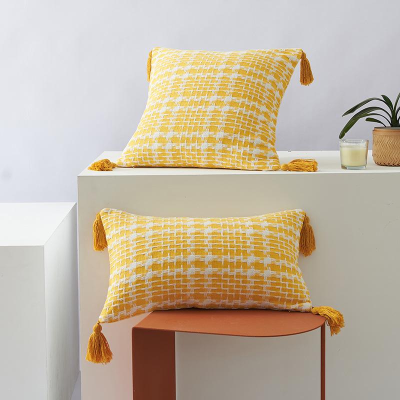 Двухцветная тканая подушка в гусиную лапку Полиэстер-хлопок Кисточка Двусторонняя Офисная Модная в стиле Инс Диванная подушка Чехол для подушки