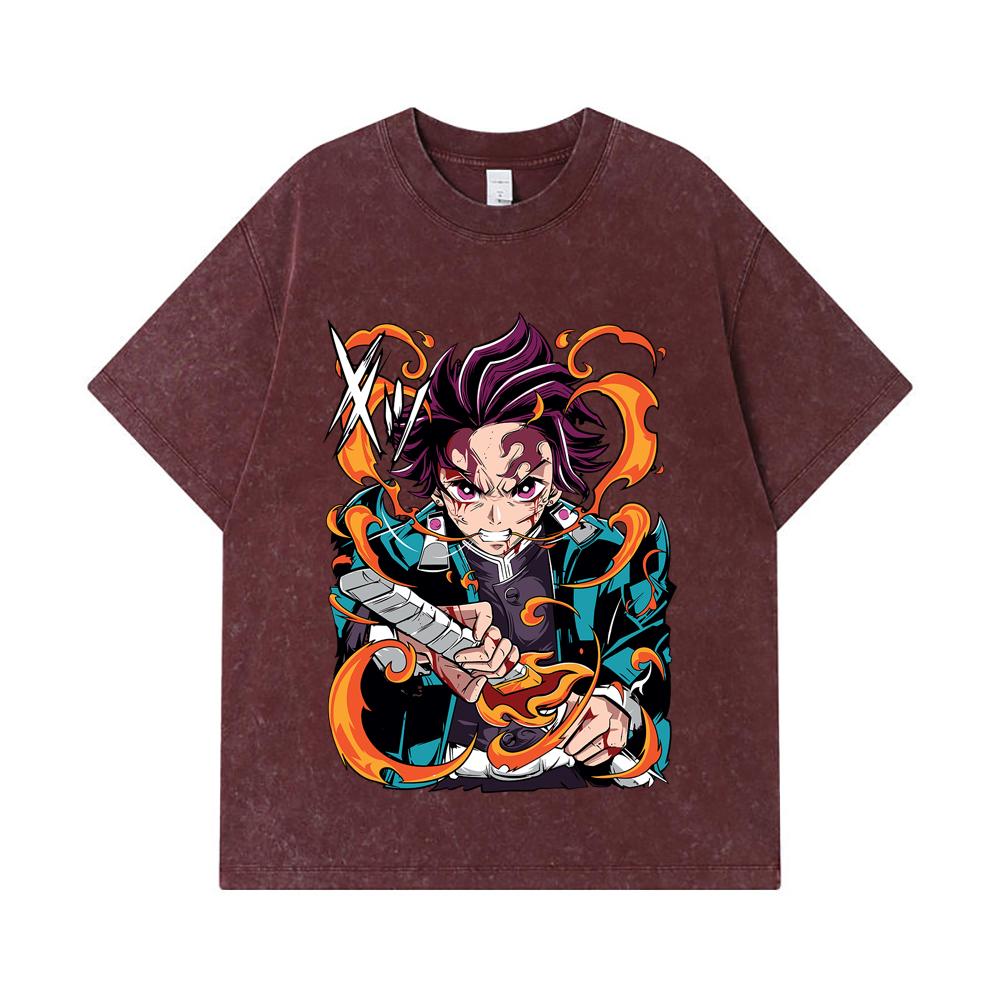 275 GSM Washed T-shirts 100% Cotton Demon Slayer V64 Tanjiro Fire Breathing Print Unisex Heavy Cotton T Shirt