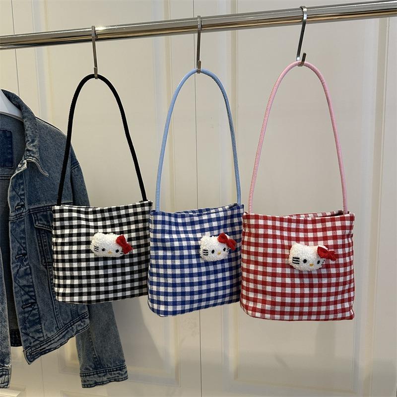 Клетчатая новая мультяшная милая сумка через плечо женская студенты колледжа класс покупки повседневная Hello Kitty универсальная