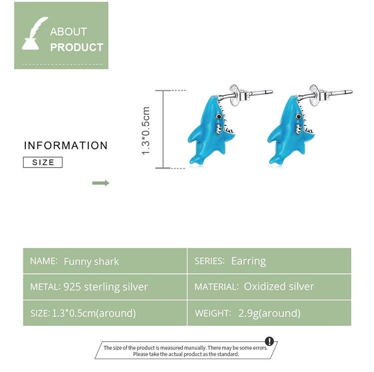 WOSTU 925 Sterling Silver Funny Blue Animal Shark Stud Earrings For Women Fashion Jewelry Gift
