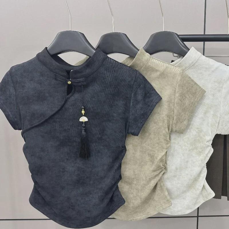 Женская летняя китайская футболка с коротким рукавом на пуговицах Qianyu