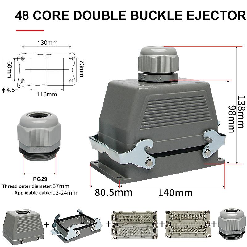 HE Rectangular Heavy Duty Connector 6 10 16 24 36 48 Pins Core Waterproof Aviation Industrial Plug Socket Top Lateral Line 16A