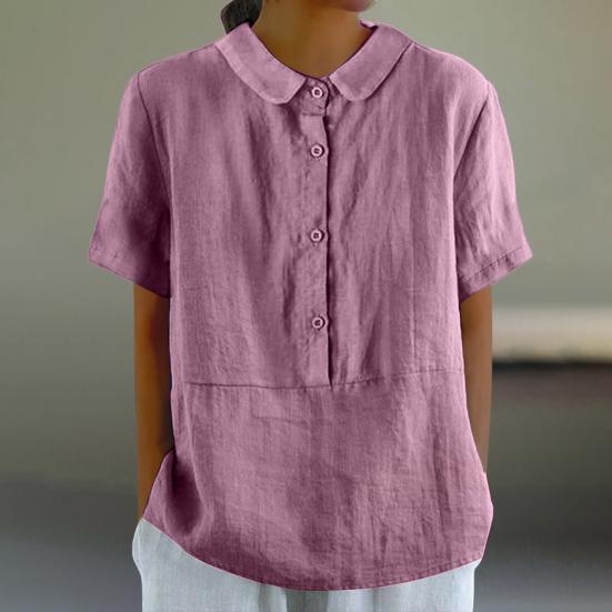 Collar Shirt Doll Casual Women Buttons Half Placket Short Sleeve Shirt Single Breasted Solid Color Loose