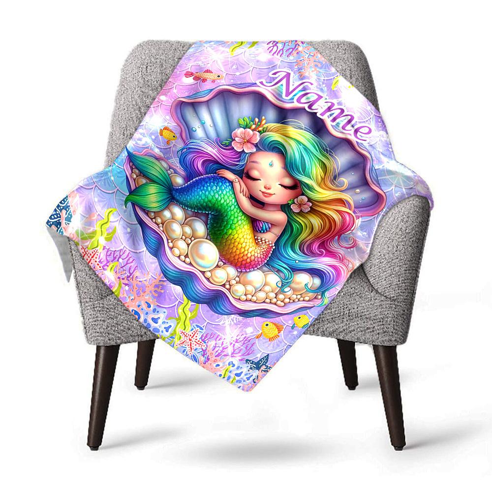 Mermaid Sea Shell Pearl Customize Your Name Blankets Comfortable Soft Lightweight Allseason Multipurpose Blanket For Picnics Sofas Offices Beds Living