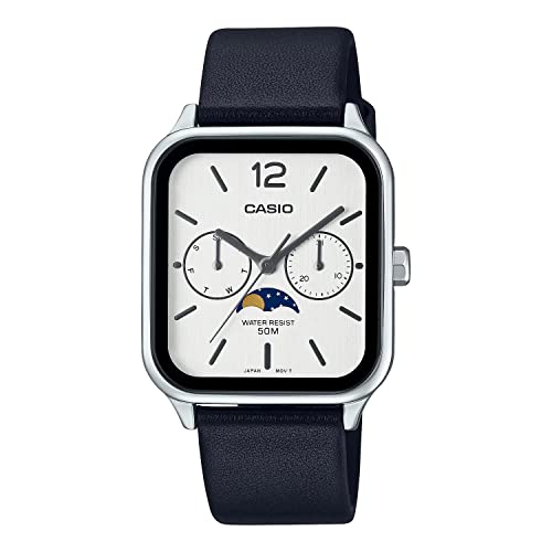 [CASIO Стандартная фаза луны Аналоговые мужские часы с фазой луны MTP-M305L-7AV серебристые ... с черным кожаным ремешком