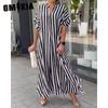 Women's Fashion Summer Spring Stripe Print Short Sleeve V-Neck High Waist Casual Dresses