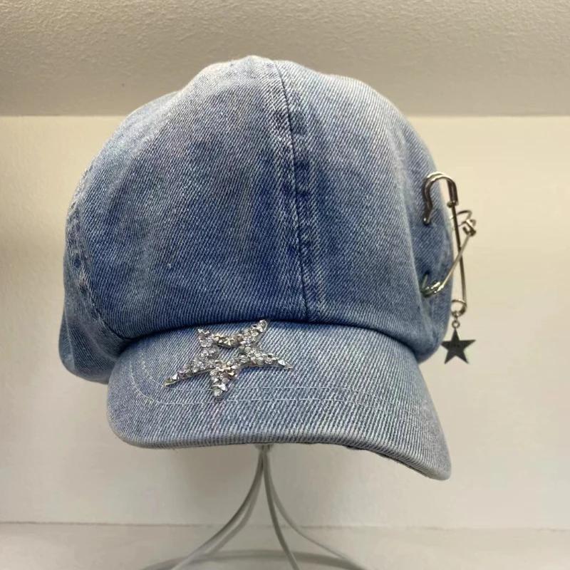 Y2k Original Star Rhinestone Niche Versatile Berets Caps for Women Spring and Autumn Ins Retro Denim Octagonal Newsboy Hats