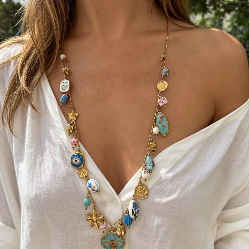 Long Style Enamel Ceramic Necklace Stainless Steel Women's Necklace Jewelry Accessories