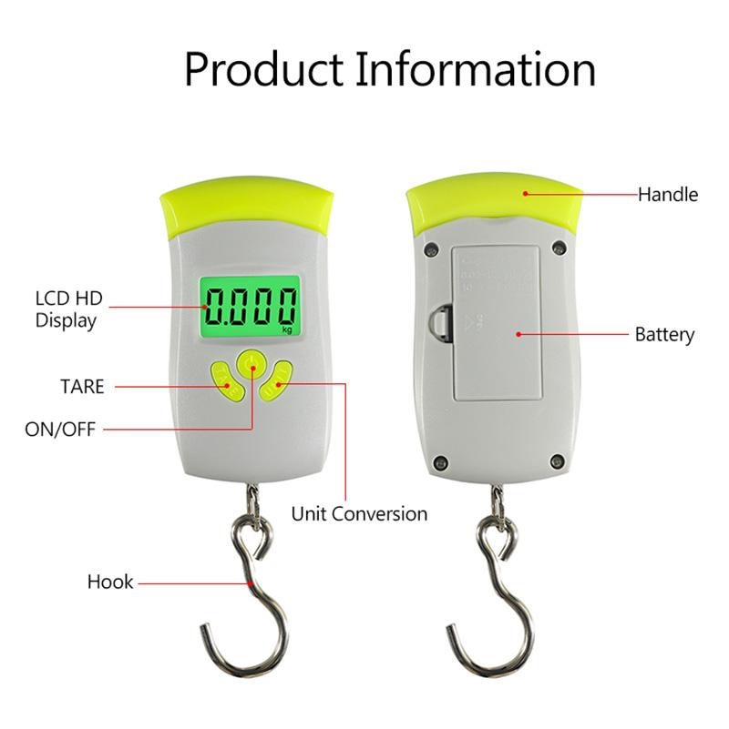 Портативные цифровые весы 50 кг/10 г, мини-весы с крючком для рыбы, для дорожного багажа, чемодана, кухни, ЖК-дисплей для взвешивания багажа