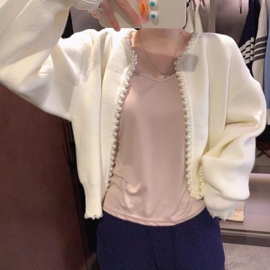 Вязаный кардиган с открытым передом, круглым воротником, длинными рукавами, свитером, пальто с отделкой из искусственного жемчуга, однотонная теплая верхняя одежда