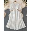 French Romantic V-neck Hollow Embroider Lace Fairy Swing Dress Mid Length Long Length Waist-Tight Slim Looking Summer Pure Desire