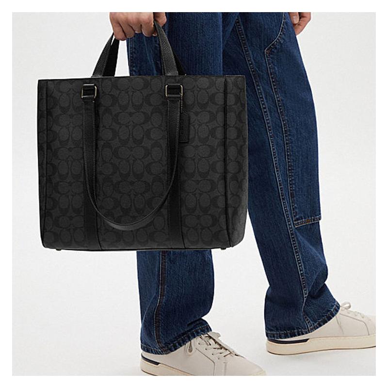 Coach Hudson 32 Signature Двуручная холщовая и кожаная сумка через плечо Большая мужская Черная