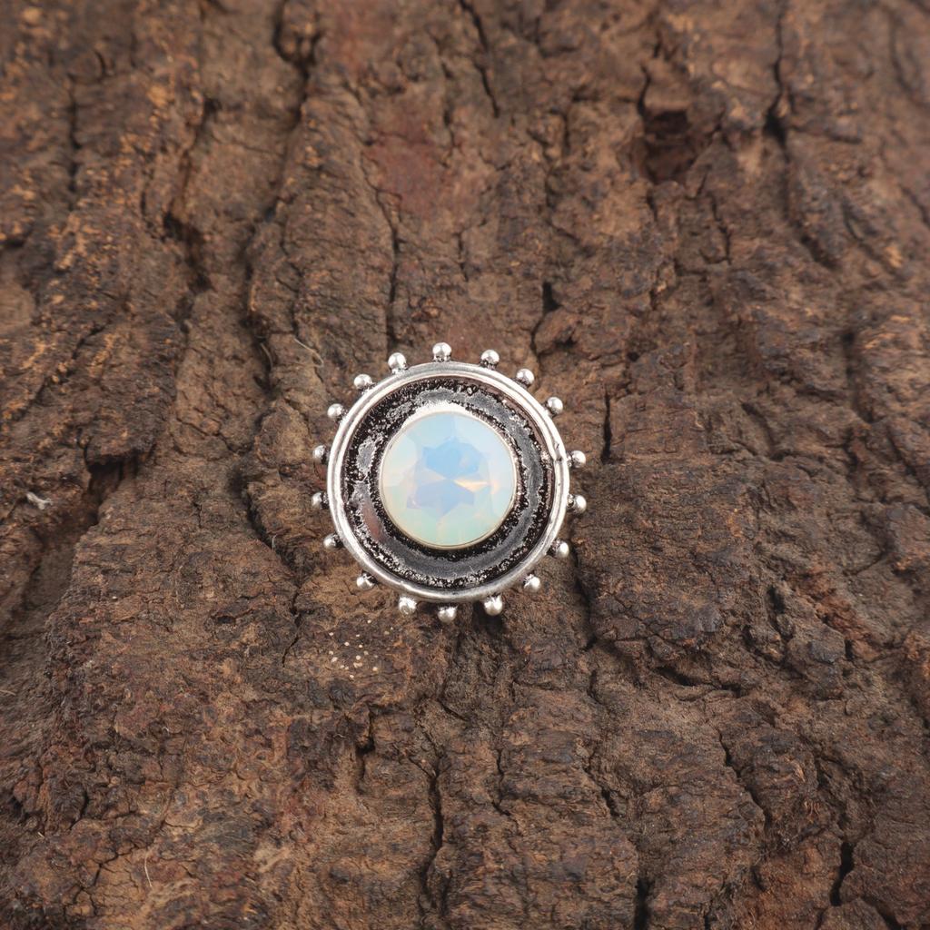 Round Milky Opal Stone 925 Silver Handcrafted Statement Best Sisters Gift Ring RR-49-13