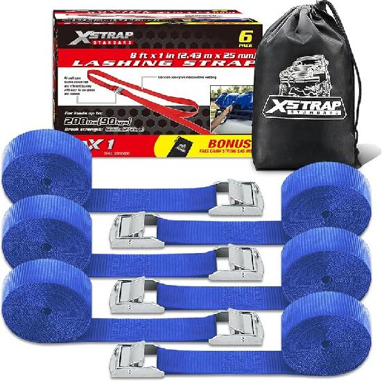XSTRAP STANDARD Мягкая пряжка-фиксатор с кулачковым замком 6 шт. 8 футов Ременные стяжки для мотоспорта, Черные стяжные ремни, Поставляются с мешком на шнурке, Для крепления груза, багажа,