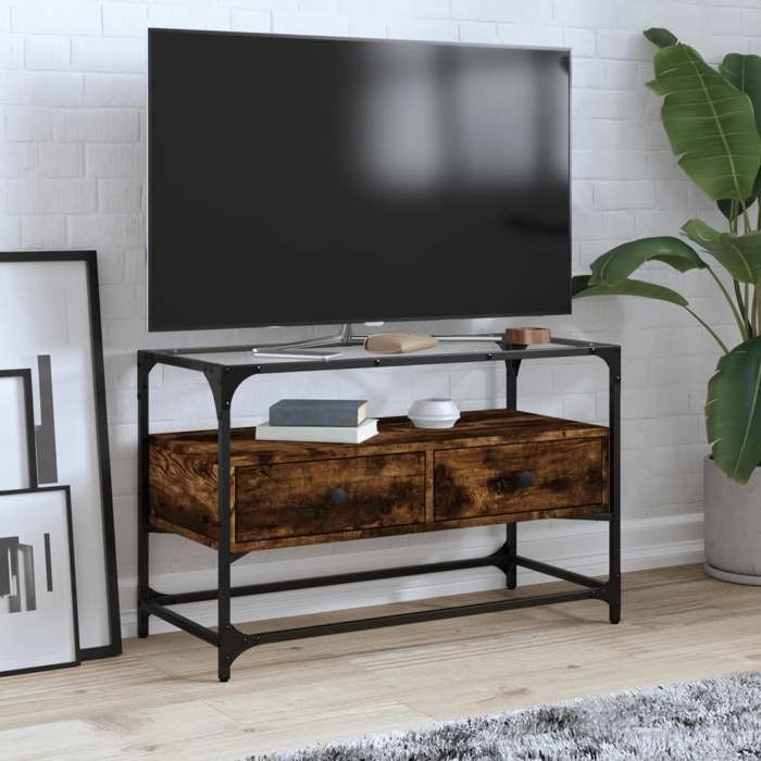VidaXL TV Cabinet with Glass Top Smoked Oak Engineered Wood, TV Stand, Media Cabinet, Hi-Fi Cabinet, TV Unit, 846061