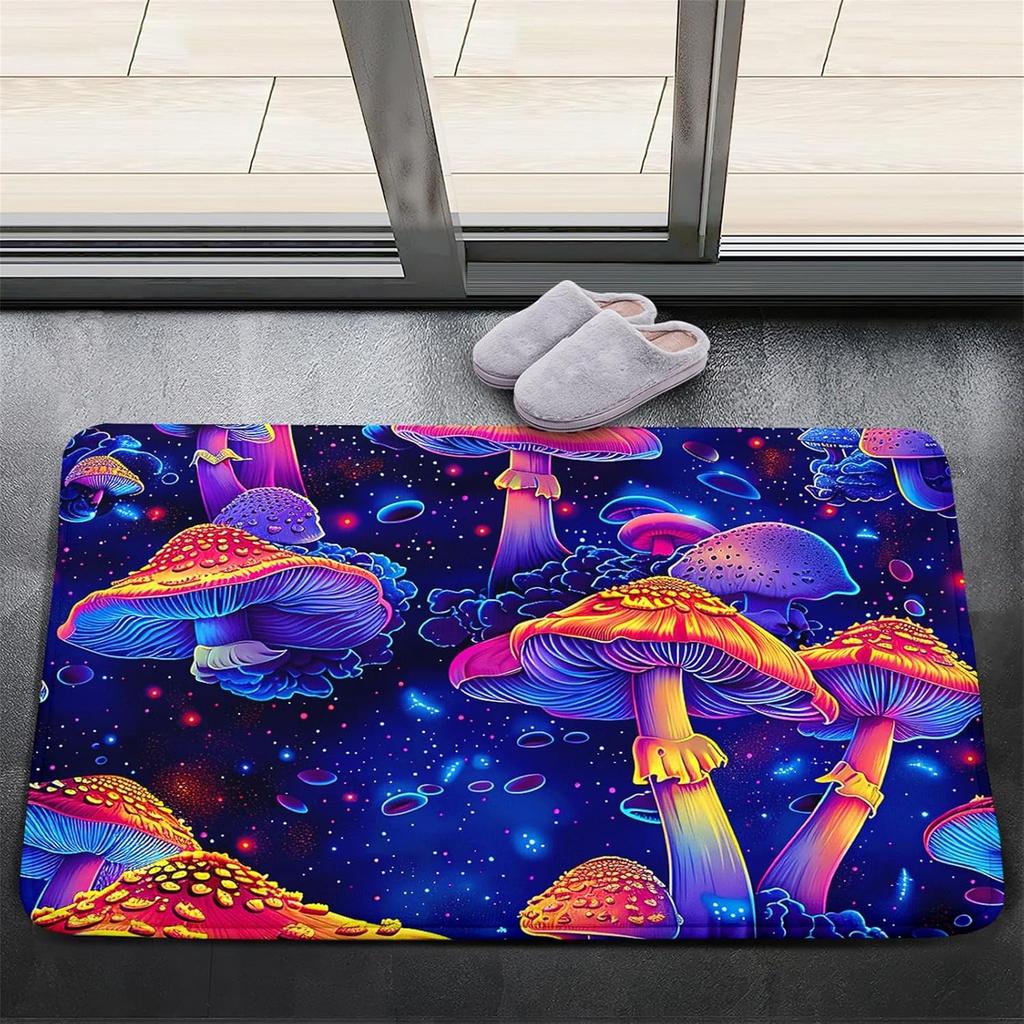 Fantasy Mushrooms Pattern Door Mat Fairytale Style Colorful Fluorescent Plant Entryway Decor Carpet Outdoor Indoor Anti-slip Rug