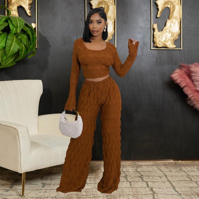 Женский новый комплект из двух предметов: короткий топ с однотонным воротником, длинными рукавами и модными узкими брюками