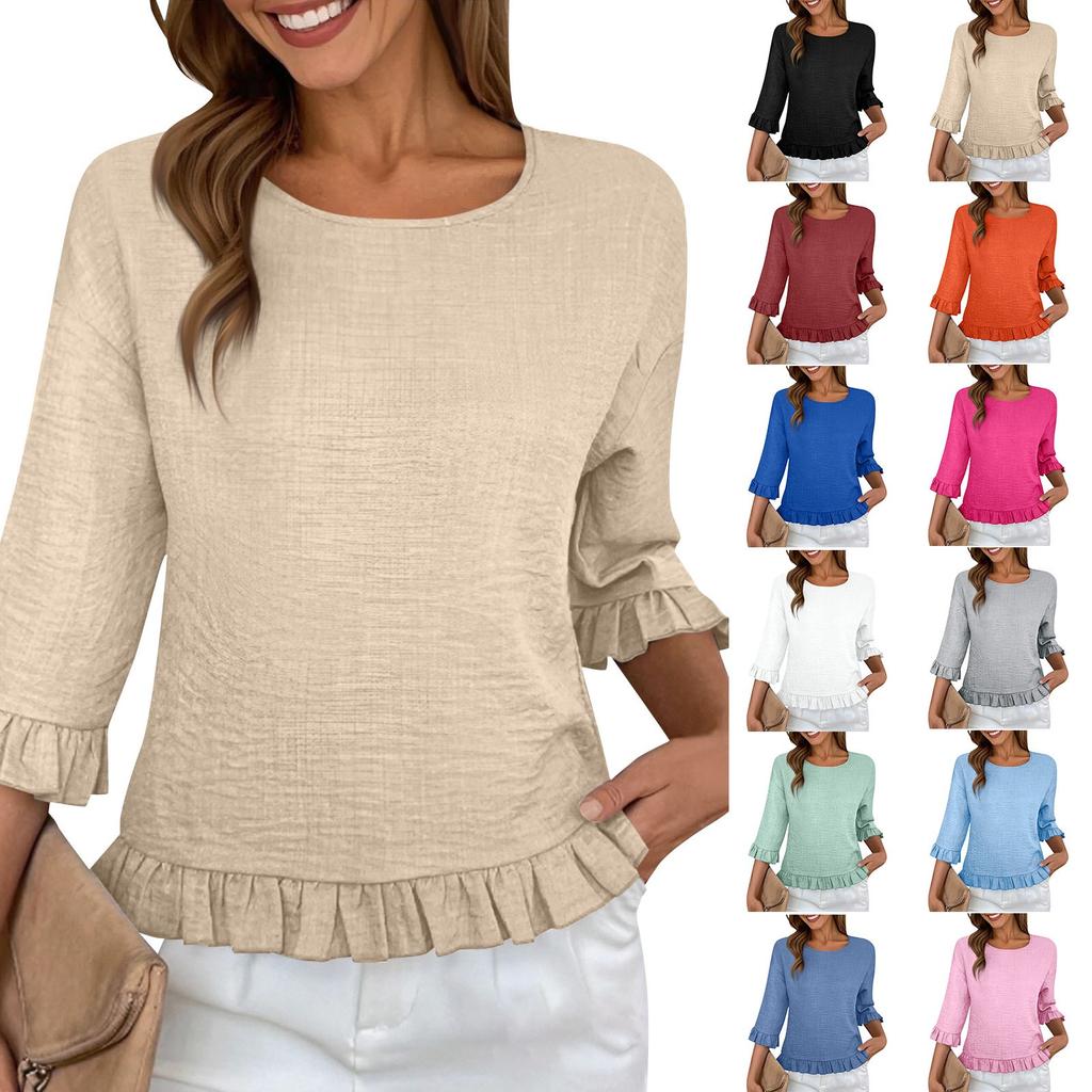 Women's Short-sleeved Round-neck Solid Color Tops Loose European And American Lace Sleeves Shirt