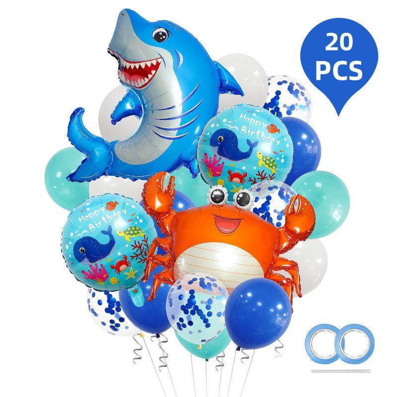 Ocean Animal-themed Birthday Happy Balloon Set - Crab, Shark, Blue Sequined Ocean Balloons - Birthday Party Decoration for Celebration