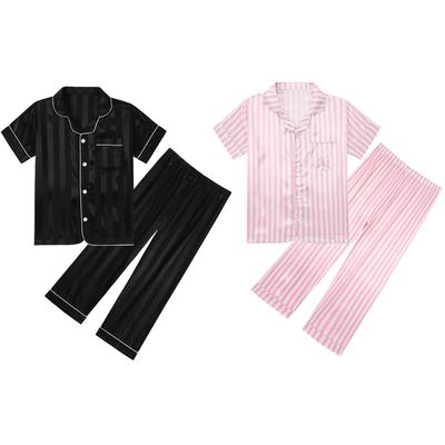 Шифоновые полосатые пижамные комплекты для девочек-подростков, пижамы для мальчиков, топ с короткими рукавами, штаны, пижамный комплект, летняя детская одежда для сна
