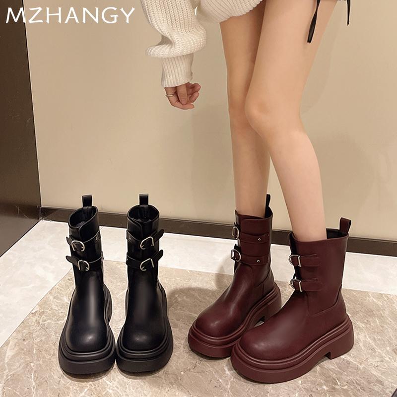 Модные женские зимние сапоги на платформе до середины голени, кожаные туфли на плоской подошве, женские модные ботинки челси 2024 года, новые зимние мотоциклетные ботинки Mujer