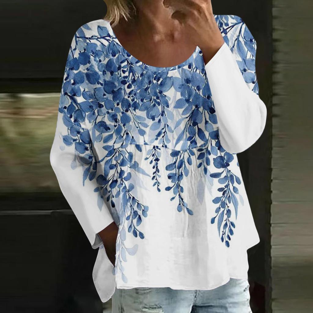 Women's Casual Fashion Loose Round Neck Floral Print Long Sleeve Top