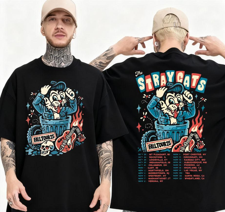 Stray Cats Autumn Concert Tour 2025 Tshirt Rock Band Stray Cats Graphic Tshirt Mens Highquality Cotton Loose Street Tops