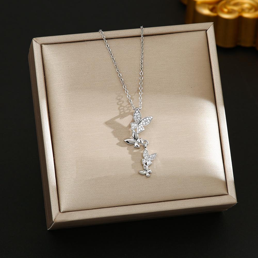 Korean Butterfly Tassel Luxury Diamond Titanium Steel Necklace - Women's Versatile Clavicle Jewelry